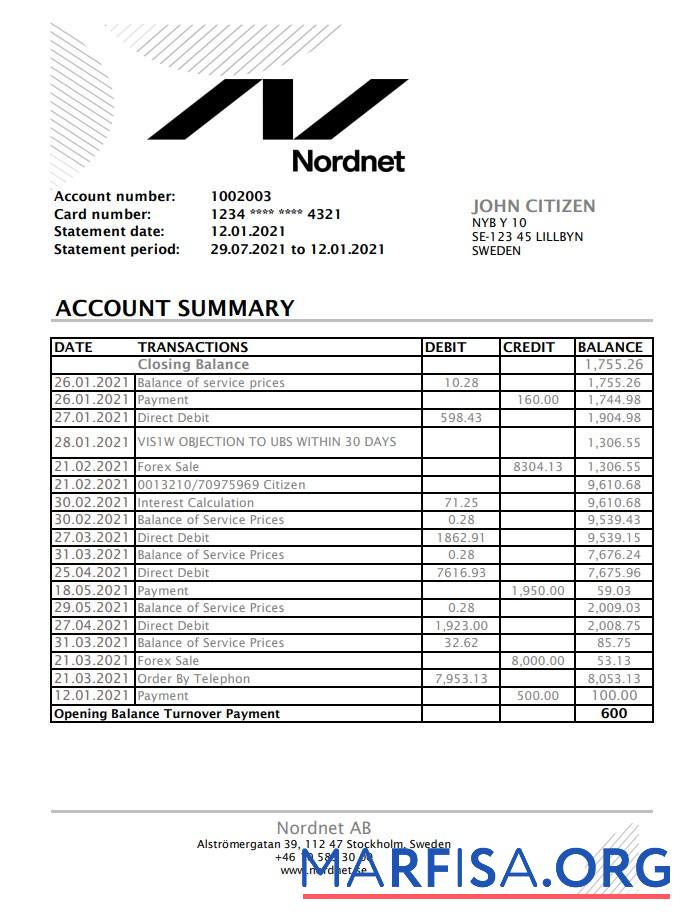 Realistic Sweden Nordnet AB bank statement excel download for verification